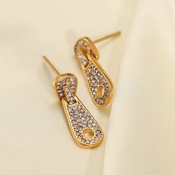 18k Gold Plated Cubic Zirconia Zip Drop Earrings - Picture 2 of 8
